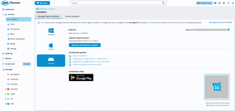 247connect Installers page with the Android managed agent selected, showing system requirements, installation guides, and a Google Play download option.